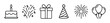 © David - Collection of black outline celebration icons including a birthday cake, confetti, gift box, party hat, fireworks, and balloons, representing festive occasions.
