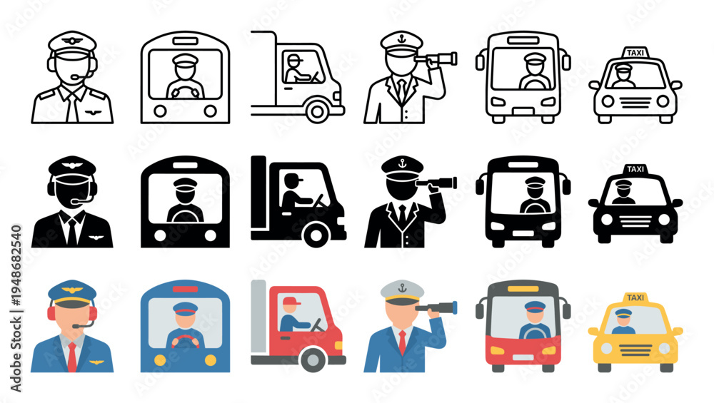 Captain Style Driver Layout Collection of transportation personnel icons featuring pilots, bus ...
