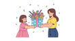© Mochamad - Two young girls exchanging a colorful bouquet of flowers wrapped in blue paper with white polka dots on a plain white background with confetti.