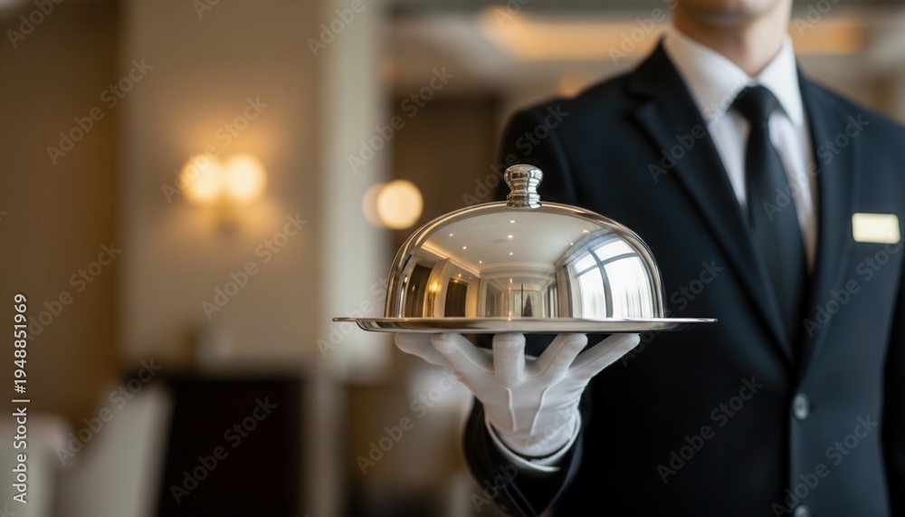 Elite hotel room service and hospitality concept. Professional butler ...