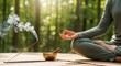 © Eve - Asian woman meditating in green forest with incense smoke and singing bowl. Zen lifestyle, mindfulness, and mental health wellness. Peaceful yoga practice in nature during morning sunlight.