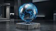 © Rafia - A futuristic globe with a network of blue lines and nodes sits atop a stone pedestal in a modern dark room with sleek architecture