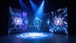 © Yunistudio - Futuristic holographic geometric projections displaying intricate digital data patterns with vibrant blue lights on a dark stage