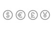 © TAIFUR - Coins featuring currency symbols like Dollar, Euro, Pound, and Yen are depicted in a simple outline style.