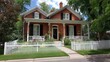 © Sonita - A traditional brick house with a white picket fence and a cozy porch on a sunny day.