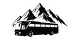 © Tm Studio - A black and white illustration of a tour bus before mountains