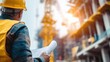 © dmmarychev - Mature engineer in hard hat holding blueprints looking at construction site