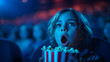 © KIMINI - Excited young child holding popcorn watching movie in dark theater