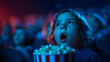 © KIMINI - Excited young child holding popcorn watching movie in dark theater