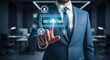 © AKLIMA - Businessman interacting with futuristic digital interface in a modern office