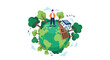 © Up - Illustration of a man standing on a green globe surrounded by trees and a solar panel with a house, conveying an eco-friendly and sustainable lifestyle.