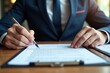 © Vera - A Lawyer in Business Attire Examining a Corporate Contract at a Table, Holding a Pen