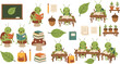 © MdAbuSayed - Cute Cartoon Grasshopper School Characters Studying Reading Books Classroom Education Set with Blackboard Leaves Backpack Vector Illustration