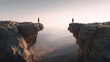 © Chaiti - Two solitary figures standing on opposite sides of a vast mountain chasm at the break of dawn light