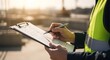 © thenort - Close-up of worker, yellow vest, writing on clipboard, inspecting construction site