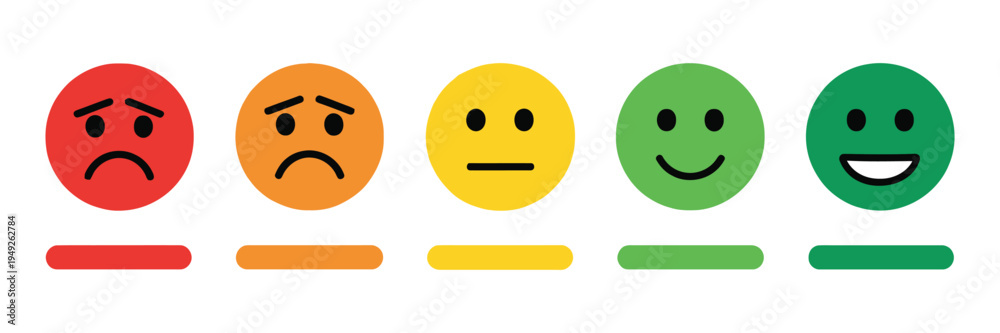 Poor Performance Smiley Rating Emoji Set, progress bar from bad to good, stroke style feeling ...