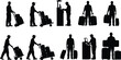 © Jakir - Airport luggage porter silhouettes collection, baggage handler pushing trolley and carrying suitcases set, airport worker travel service silhouettes isolated for transportation design