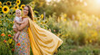 © Aurora Aesthetics - Loving super mom with golden cape holding baby in sunny sunflower field concept of tender maternity childcare beautiful motherhood