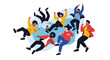 © Anar - Diverse group of people in colorful clothing appear to be floating or falling in a weightless state against a soft blue abstract shape.