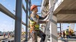 © Vasiliy - Construction worker in safety harness and orange hard hat climbing a metal ladder. Professional builder working at heights on industrial building site. Fall protection gear concept
