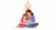© Nazee - Mother and daughter reading a book together under a lantern, illustration of family bonding and education