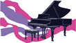 © dimas - Graphic image of a grand piano with a stool, set against abstract wavy pink and purple strokes