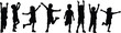 © Mokshad Ali - Happy children silhouettes jumping and playing with raised arms isolated on white background, kids fun activity and childhood joy illustration set
