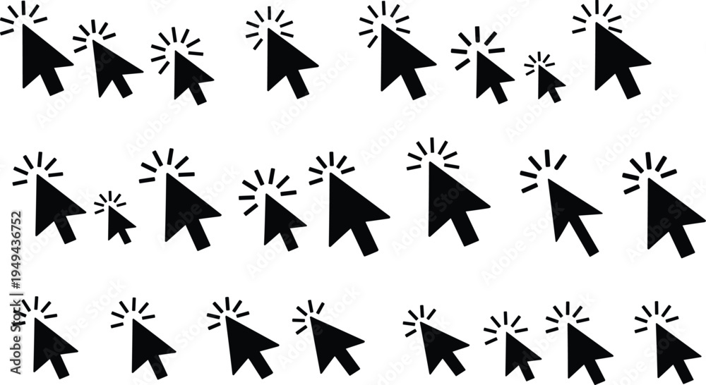 Black computer mouse cursors with rays on white background black cursor ...
