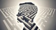 © Marina - A 3D maze inside the silhouette of a human head profile. An abstract psychological concept representing mental health, complex decision-making, the subconscious, and problem-solving. AI generated.
