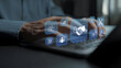 © Pakin - Partnership business strategy concept. Person using laptop with collaboration and business partnership icons, strategic alliance, corporate cooperation and business growth.