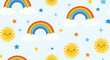 © Winston - Childish seamless pattern with happy smiling suns, colorful rainbows, white clouds, and stars on a bright blue sky backdrop.