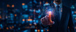 © Olga Ко - Homme d'affaires pointant vers un hologramme IA (Intelligence Artificielle). Concept de technologie futuriste, gestion d'entreprise, ressources humaines, recrutement et assistant virtuel.