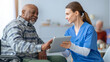 © Prostock-studio - A caregiver helps an elderly man with a tablet while sitting in a clinic. Other patients can be seen in the background. The interaction is friendly and focused on the device.