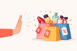 © MD Rohidul Islam - Flat vector illustration of a woman's hand making a stop gesture to reject shopping bags filled with products on sale, representing conscious consumption, minimalism, and financial budget control.