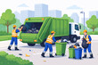 © MD Rohidul Islam - Sanitation Workers in High-Visibility Vests Collecting Garbage into a Green Truck on a City Street, Waste Management Team Cleaning Urban Environment with Bins and Bags, Flat Vector Illustration