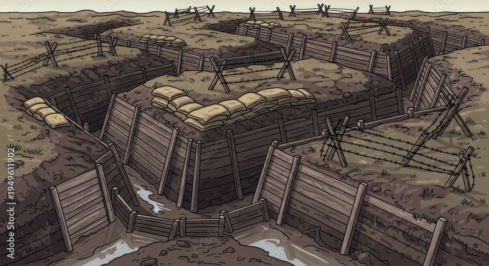 Illustration of a war trench system carved into muddy ground with ...