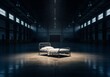 © Paul - A stark, simple bed rests alone in the precise center of an immense, dark industrial warehouse, emphasizing vastness and solitude, spacious, concrete, simplicity
