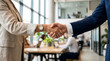 © solom - Close up of business handshake between man and woman in modern bright office for professional partnership corporate agreement success and recruitment in coworking workspace