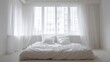 © Maraku - Serene White Bedroom - Soft Light, Airy Curtains, Minimalist Design.