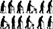 © Vexora Studio - Elderly people using walking aid silhouette set collection. Senior pensioner people walking with walking aids vector silhouette.