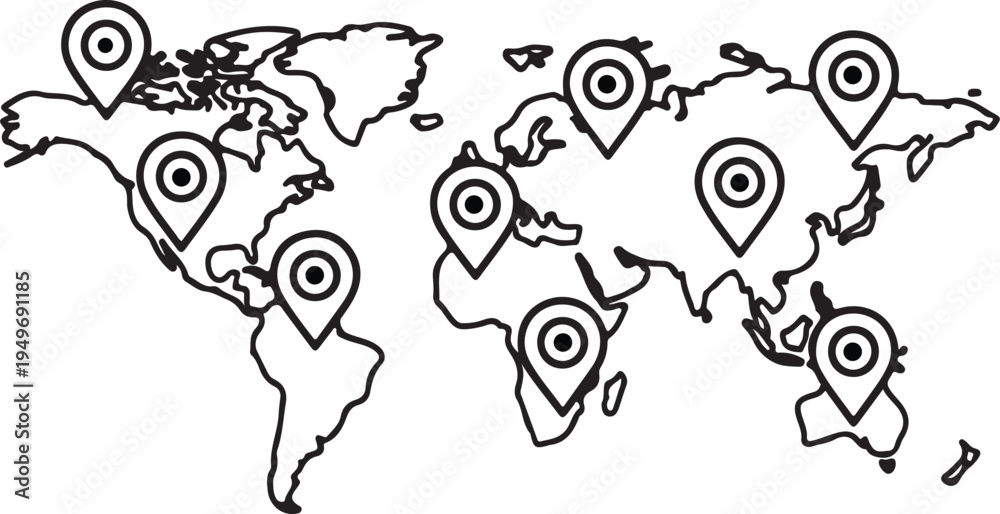 World map with multiple location pins for global navigation and ...