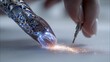© ArtoryStock - Hand placing a glowing liquid-metal patch onto a matte biolayer surface representing the interface between neural implants and synthetic skin for advanced prosthetic technology and human enhancement.
