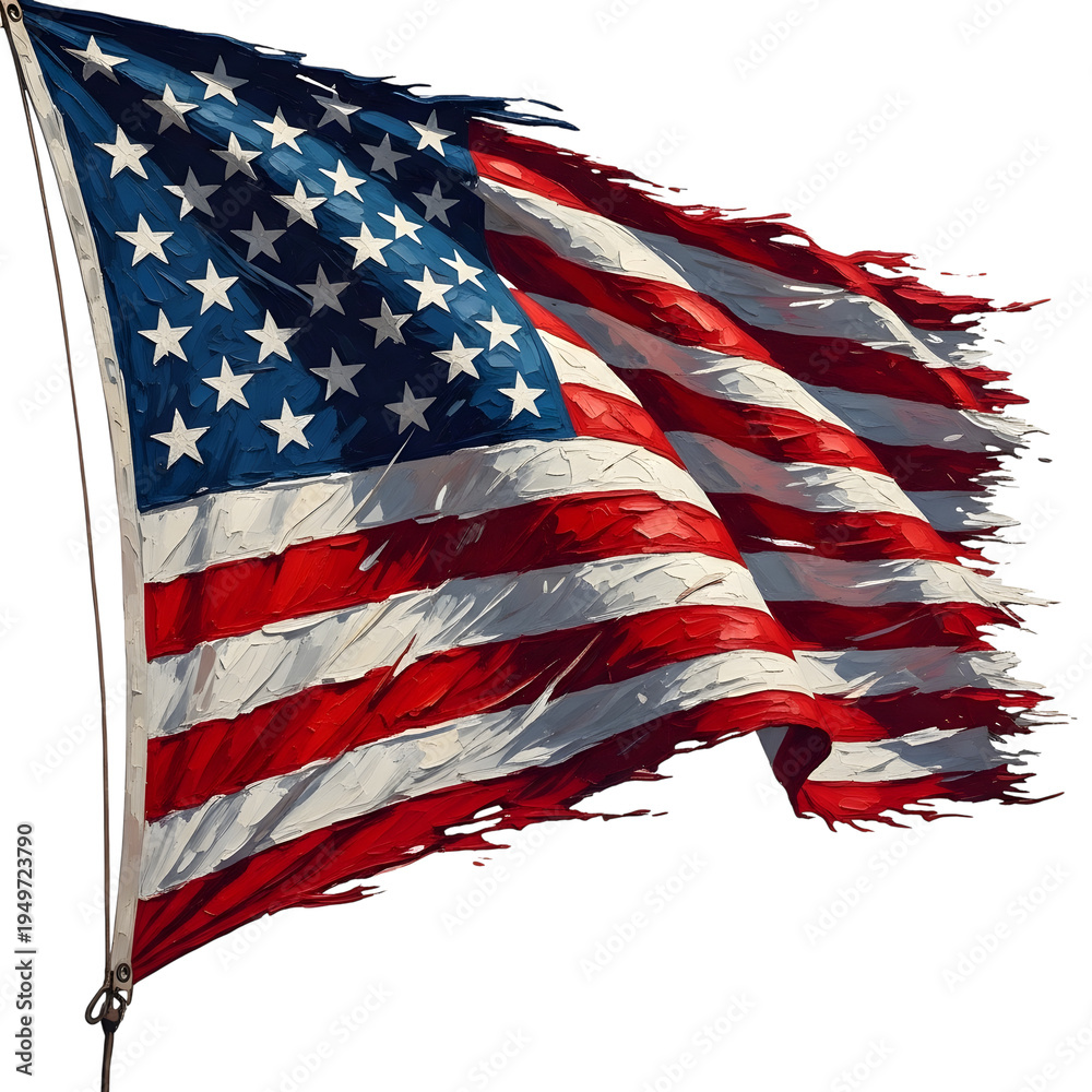 Tattered american flag waving in the wind with a torn edge detail ...