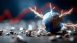 © pattozher - Global Crisis: A dramatic composition depicts Earth engulfed in a storm of crisis, with lightning striking the globe amid a backdrop of unsettling financial decline.