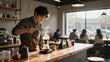 © LookChin AI - Young Barista Pouring Hot Coffee in Cozy Cafe