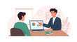 © Sandi Studio - Professional vector illustration of a male business coach pointing at financial data on a laptop screen during a mentoring session with a client in a modern office environment.