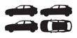 © Moni - Set of four black silhouette car side view, top view, and diagonal view, representing modern vehicle shapes