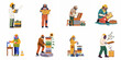 © Nadya - Set of flat illustrations showing diverse beekeepers in protective suits performing tasks like hive inspection, honey harvesting, and using a smoker.