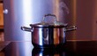 © TransPicHub - A shiny stainless steel pot with a lid on a stovetop, steam rising, indicating cooking in progress.