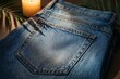 © Masa - Light Blue Denim Jeans Back Pocket with Candle and Palm Leaf